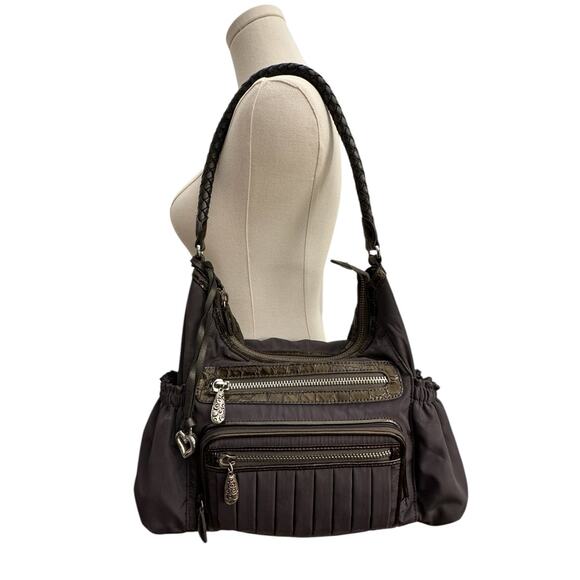 Vintage 00s Brighton Dark Gray Nylon & Crocodile Leather Trimmed Shoulder Bag - Picture 9 of 13